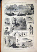 Old Antique Print River-Fishing Cornwall 1883 Trout Barse Plaice Spearing 19th