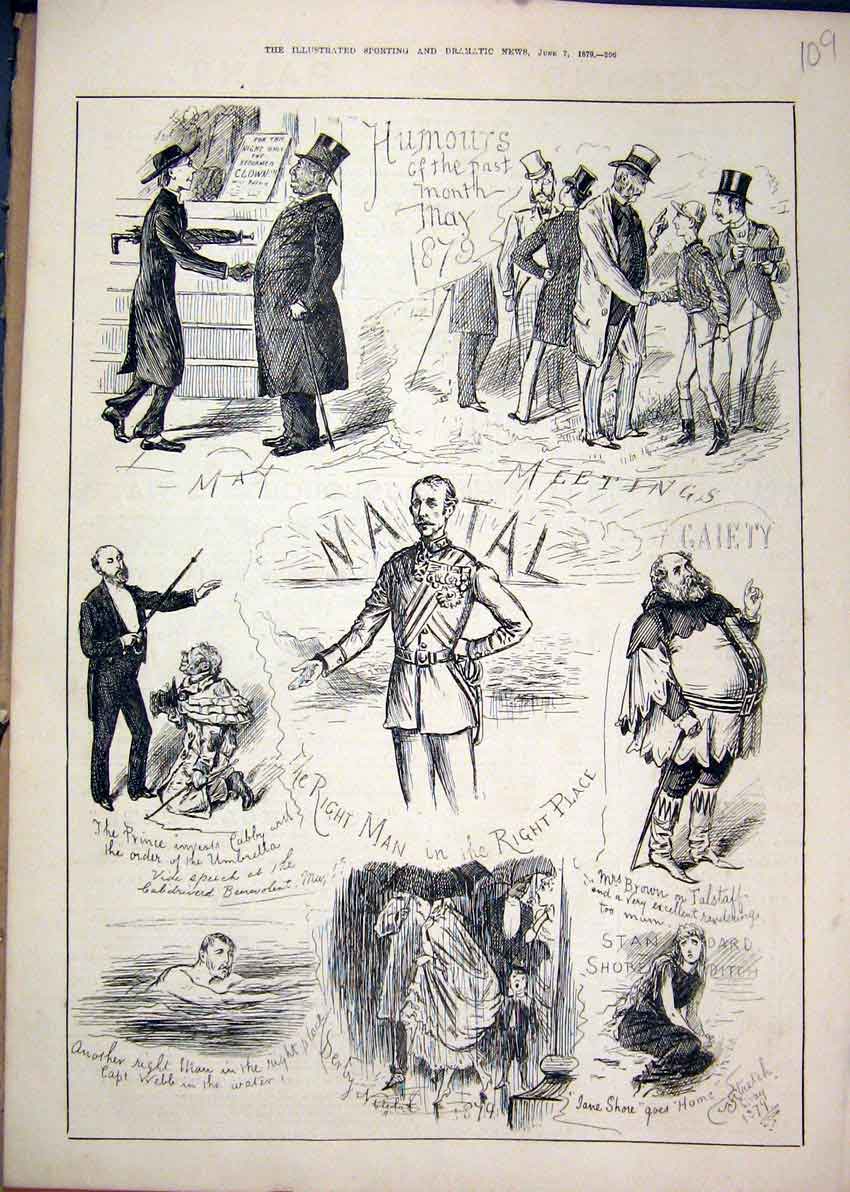 Original Old Antique Print 1879 Comedy Webb Swimming Gaiety Theatre Falstaff