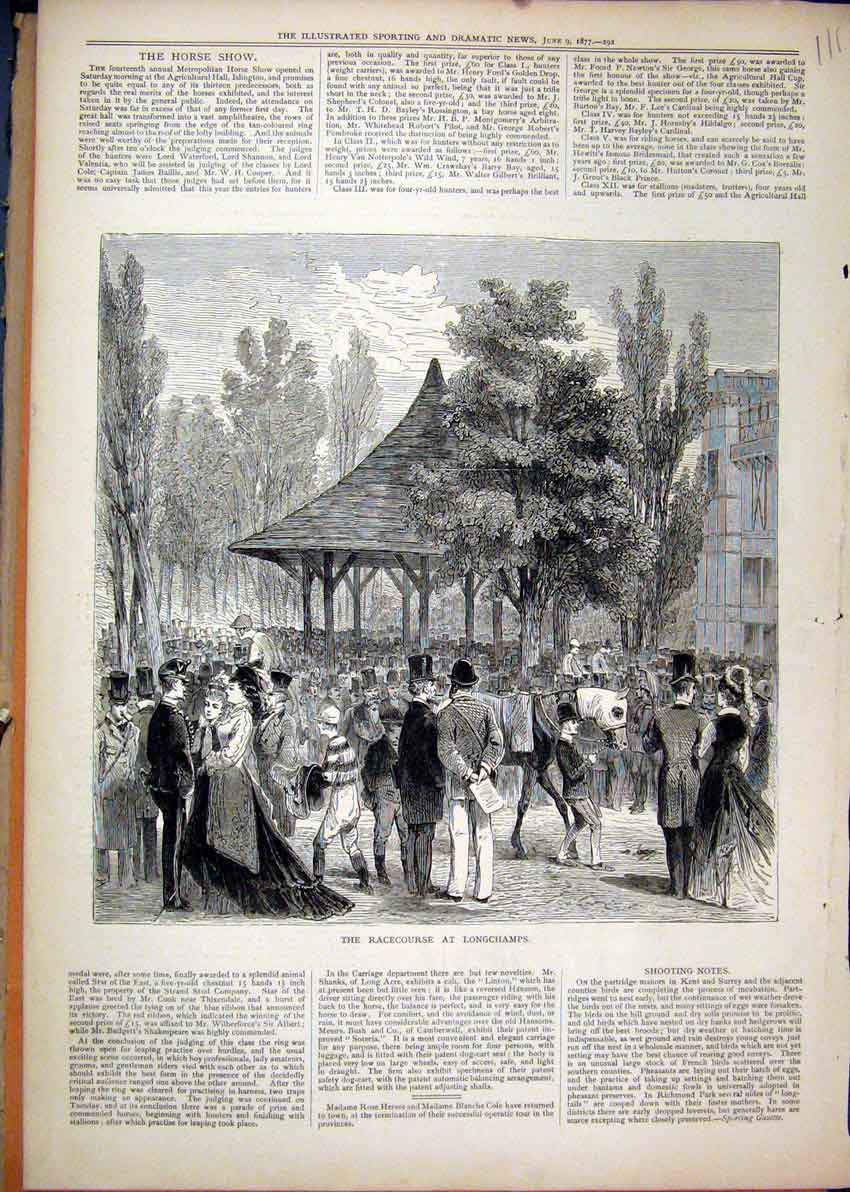 Original Old Antique Print Racecourse Longchamps 1877 Horse People Trees Country