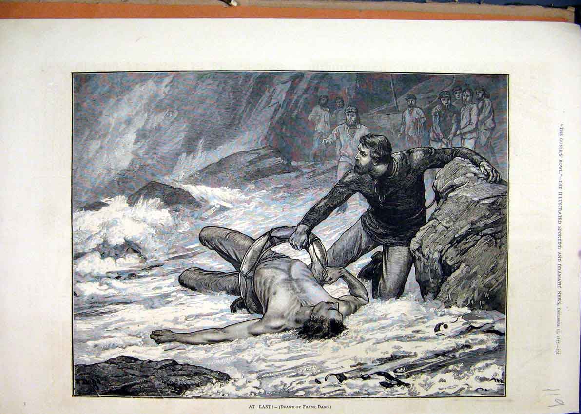 Original Old Antique Print Man Rescued Stormy Sea Rocks 1877 Frank Dadd Fine Art