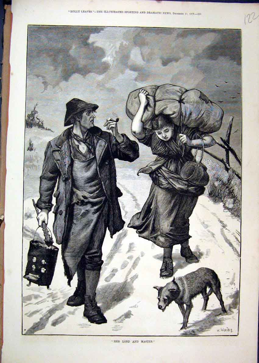 Original Old Antique Print Lord Master 1879 Woman Carrying Bundle Dog Man Snow