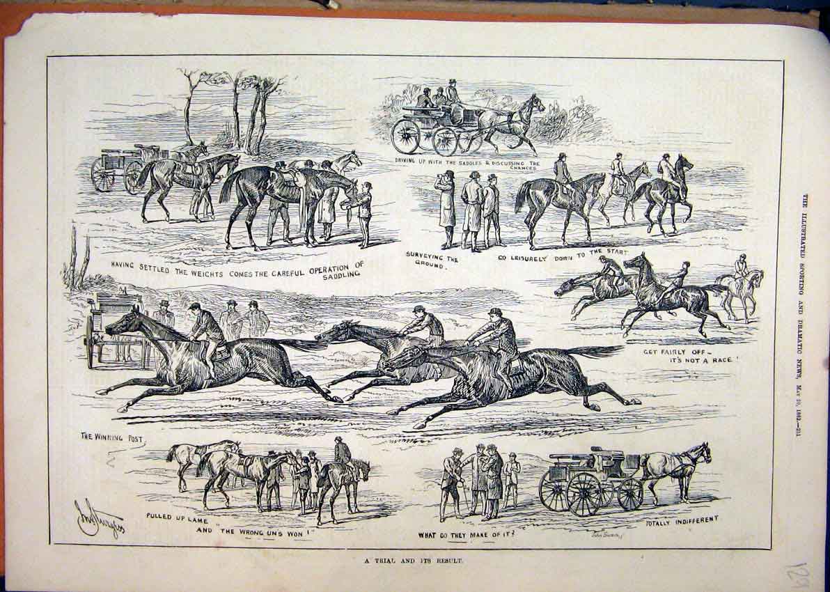 Original Old Antique Print 1882 Horse Racing Carriage Saddling Country Victorian