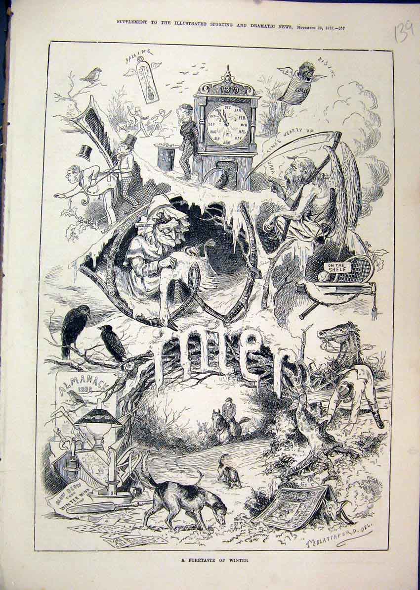 Original Old Antique Print 1879 Winter Scene Dog Clock Horse Almanack Snow 19th