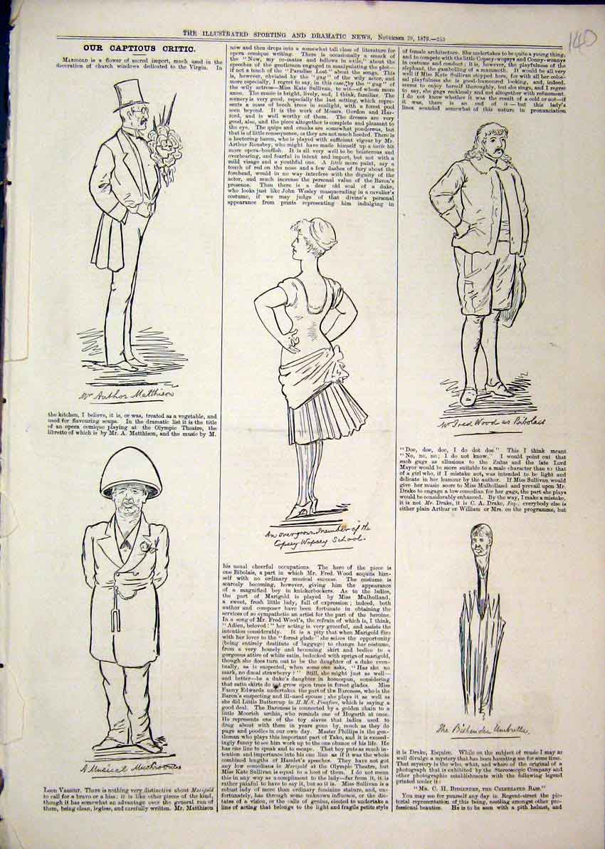 Original Old Antique Print 1879 Sketches Umbrella Matthison Musical Mushroom