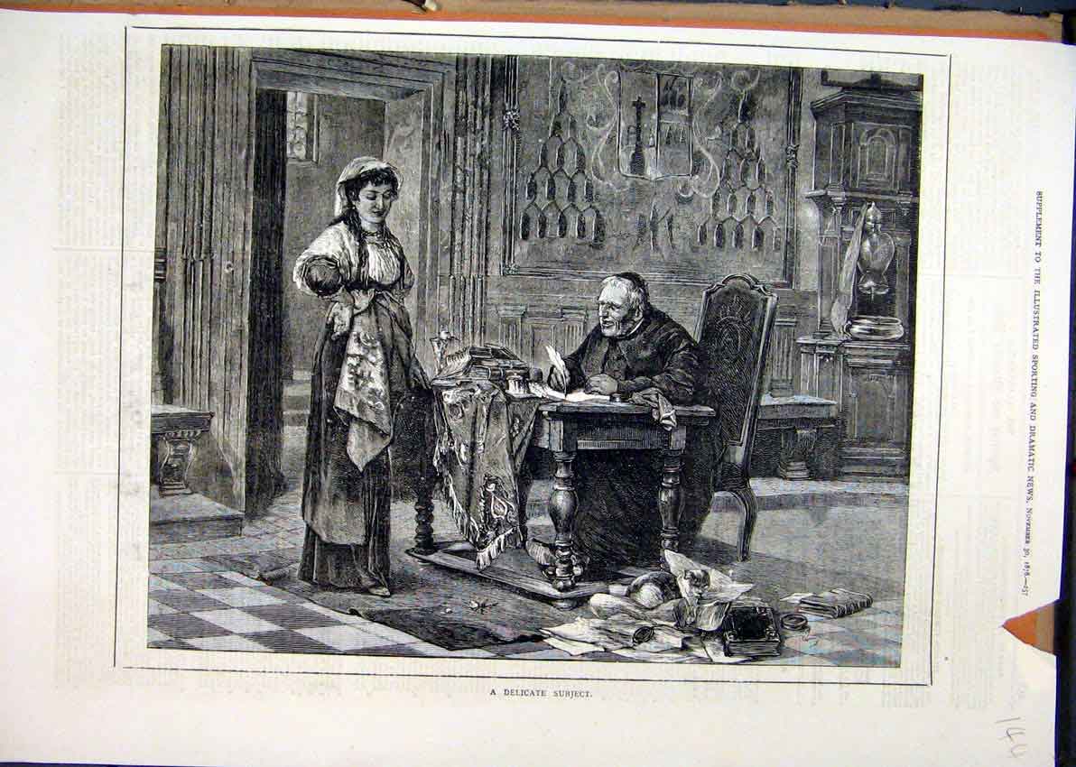 Original Old Antique Print 1878 Catholic Priest Writing Table Mess Woman 19th
