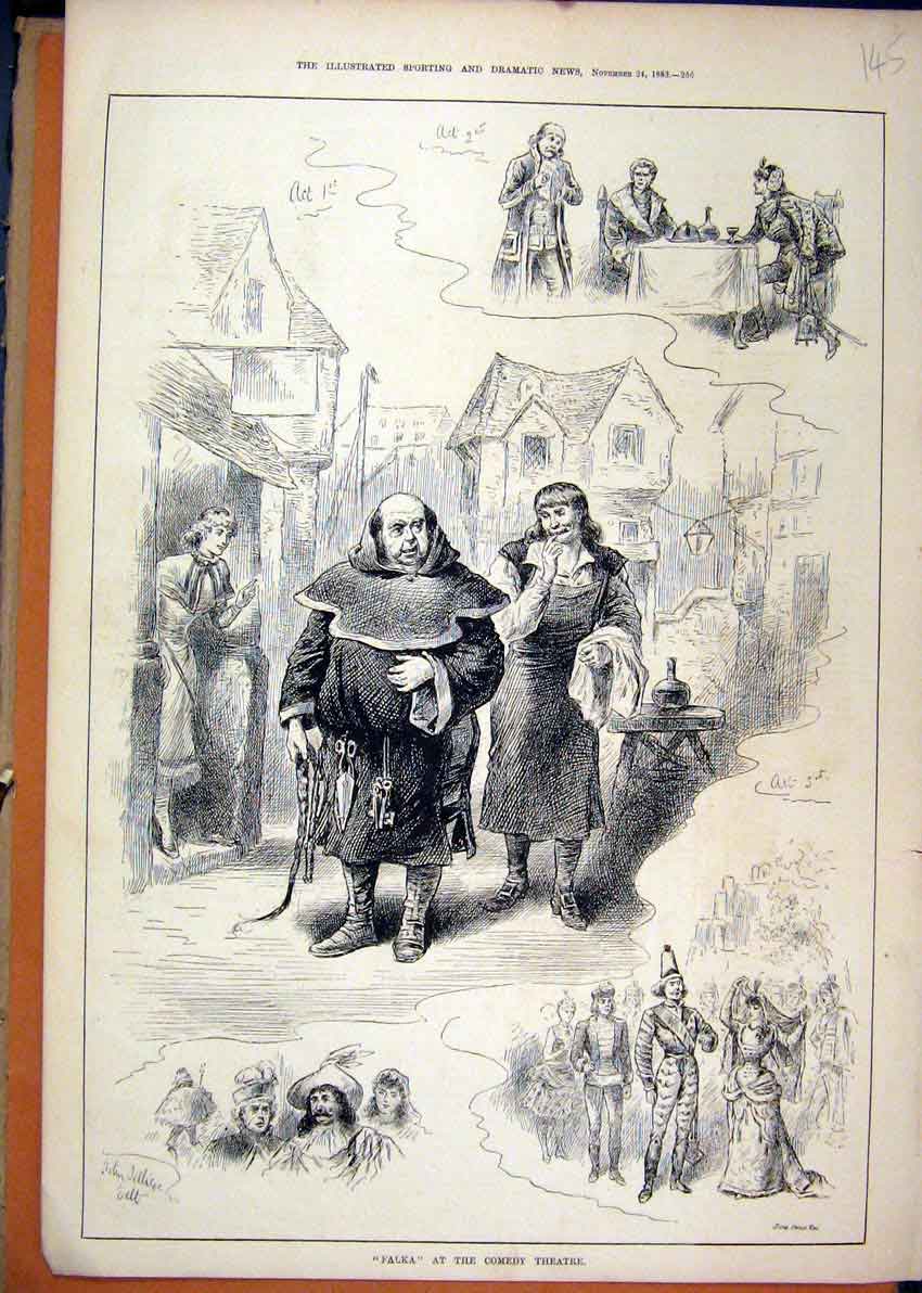 Original Old Antique Print 1883 Falka Comedy Theatre Monk Romance 19th