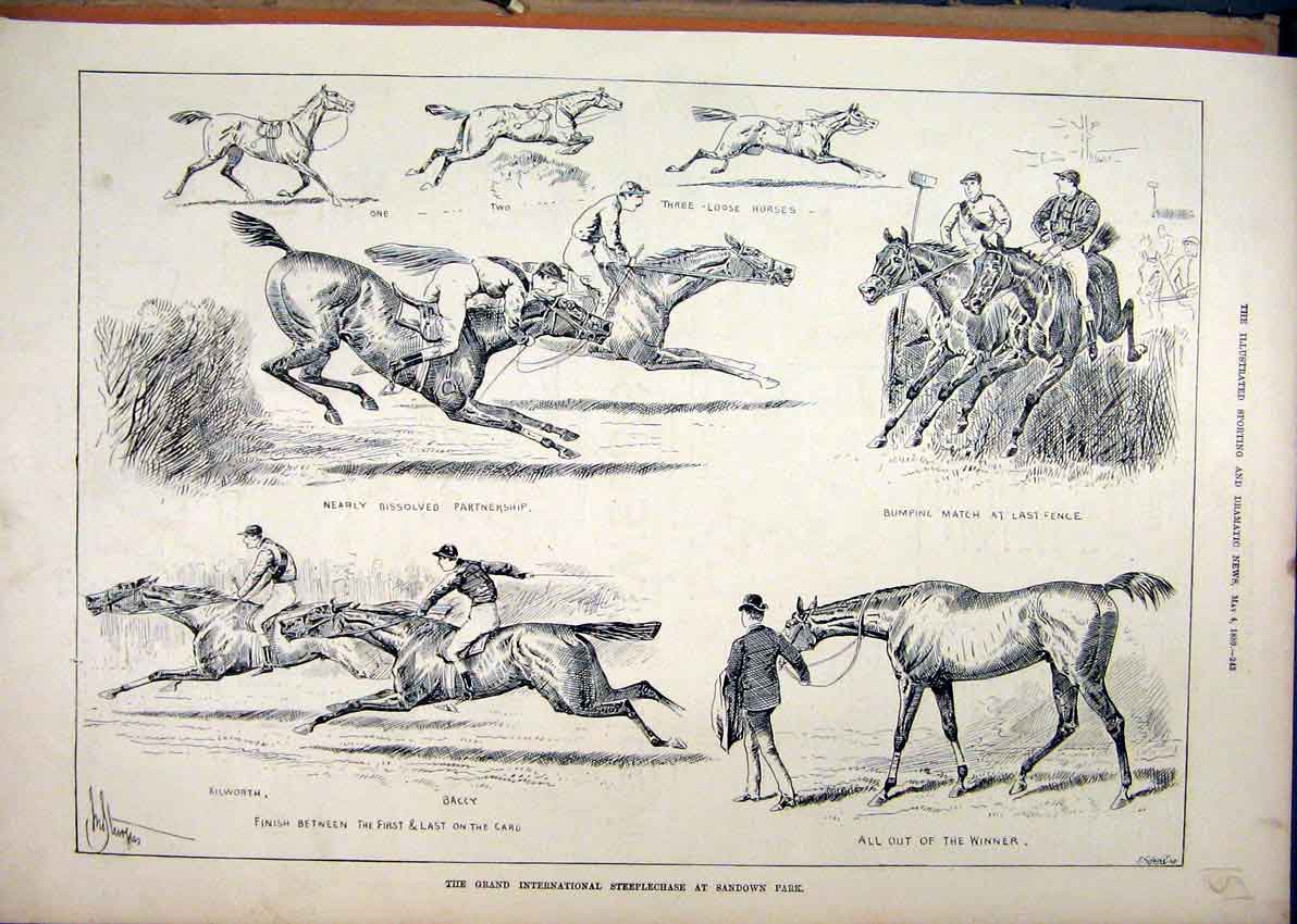Original Old Antique Print 1889 Grand International Steeplechase Sandown Horse