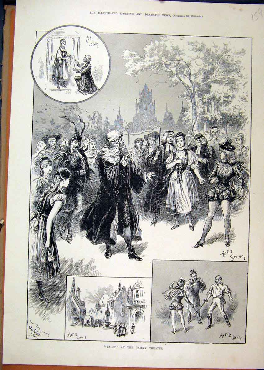 Original Old Antique Print Faust Gaiety Theatre 1888 Scene Street 19th
