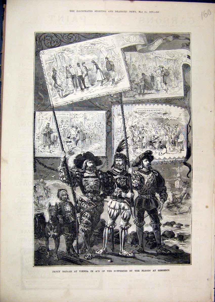 Original Old Antique Print Fancy Bazaar Vienna 1879 Floods Szegedin Victorian