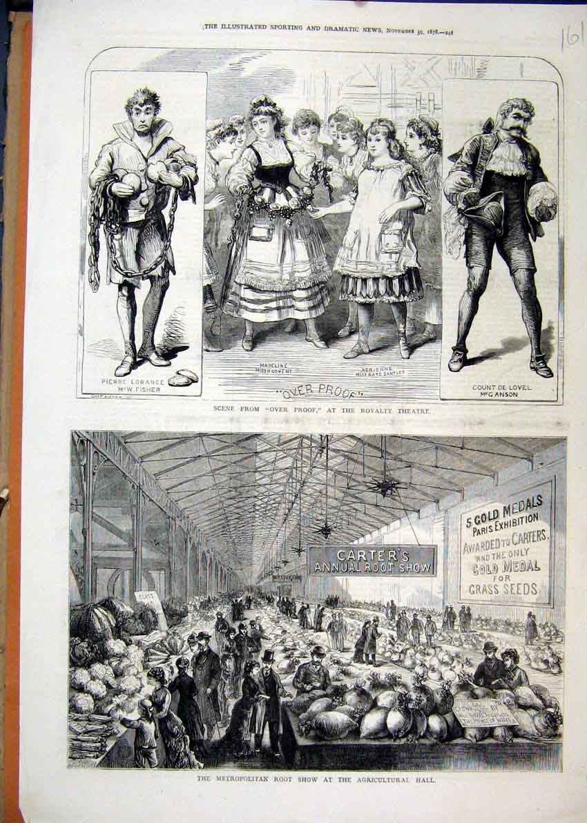 Original Old Antique Print Scene Over ProRoyalty Theatre 1878 Root Show 19th