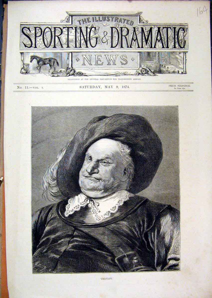 Original Old Antique Print 1874 Portrait Flastaff Olm Man Hat 19th