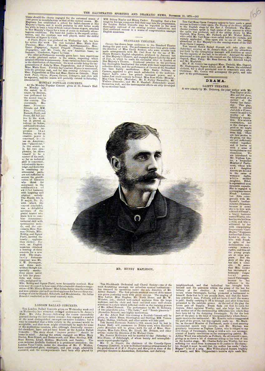 Original Old Antique Print 1879 Portrait Mr Henry Mapleson Theatre Victorian