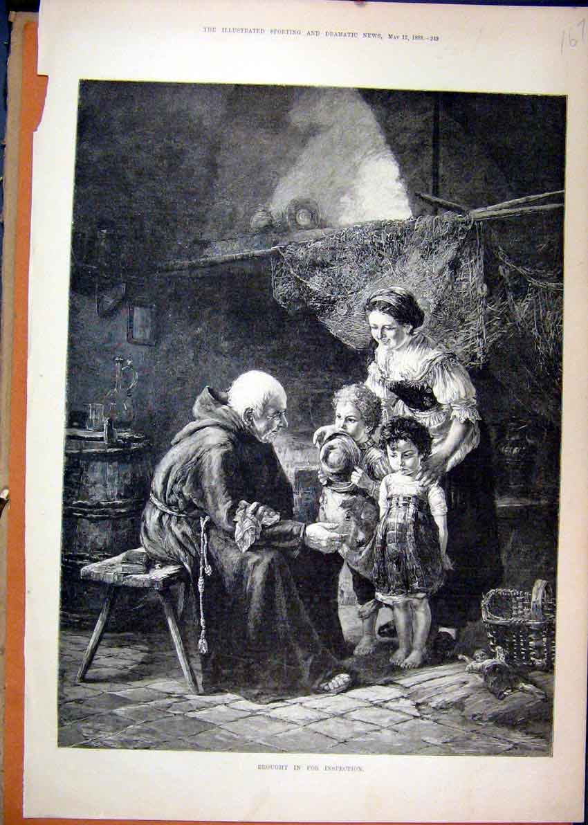 Original Old Antique Print 1888 Oln Monk Man Woman Children Fine Art Victorian