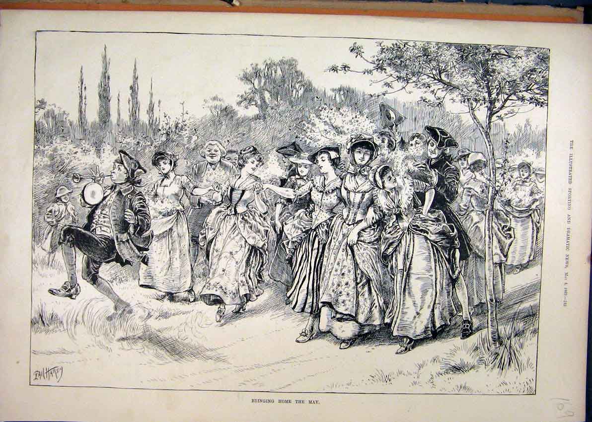 Old Antique Print 1889 Bringing Home May Music Woman Men Marching Country 19th