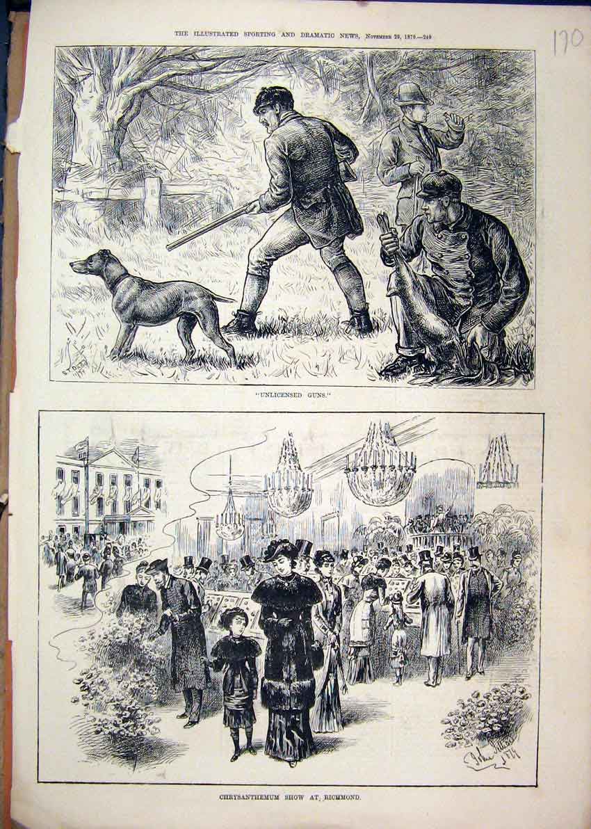 Original Old Antique Print Chrysanthemum Show Richmond 1879 Men Shooting Rabbit