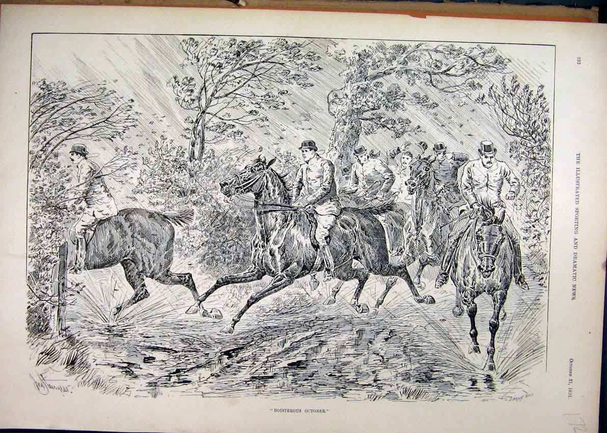 Original Old Antique Print 1891 Men Horses Leaves Trees Autumn Country Scene