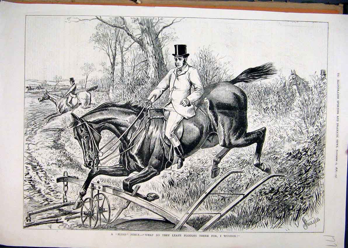 Original Old Antique Print 1878 Horse Jumping Fence Landing Plough Field Country