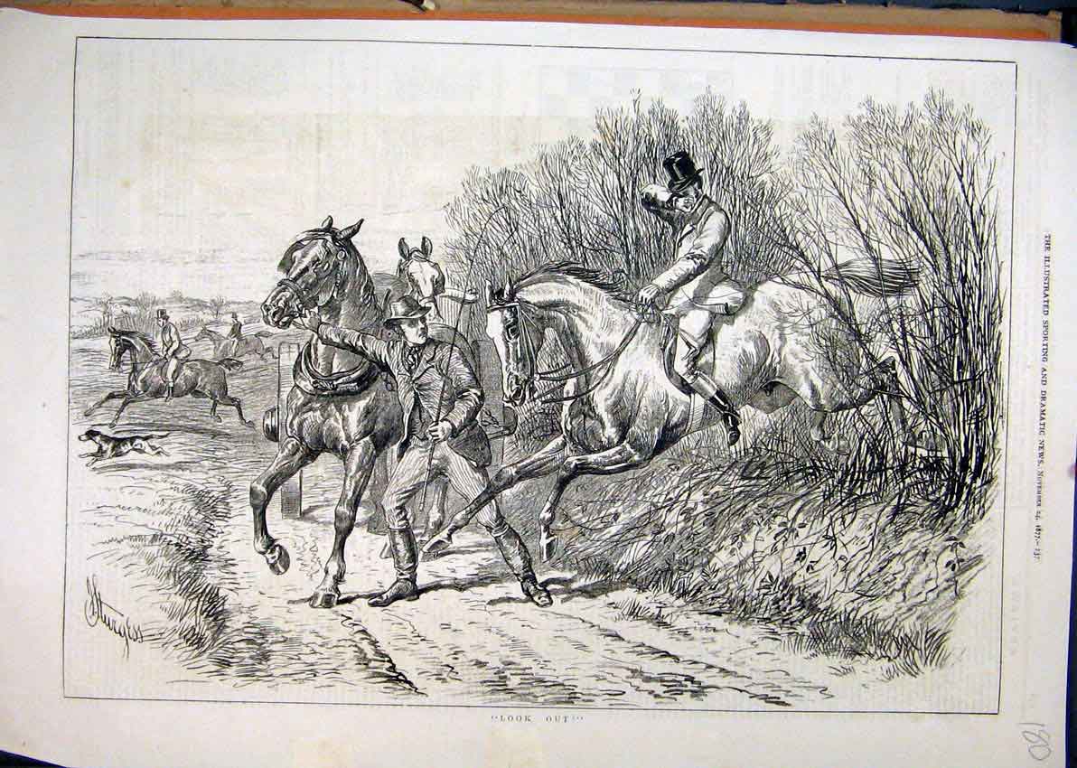 Original Old Antique Print 1877 Horses Jumping Fence Landing Man Country Scene