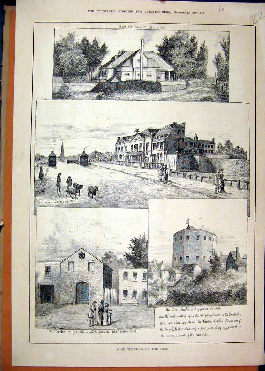 Original Old Antique Print 1880 Theatres Past Swan Ipswich Surey Buildings 19th