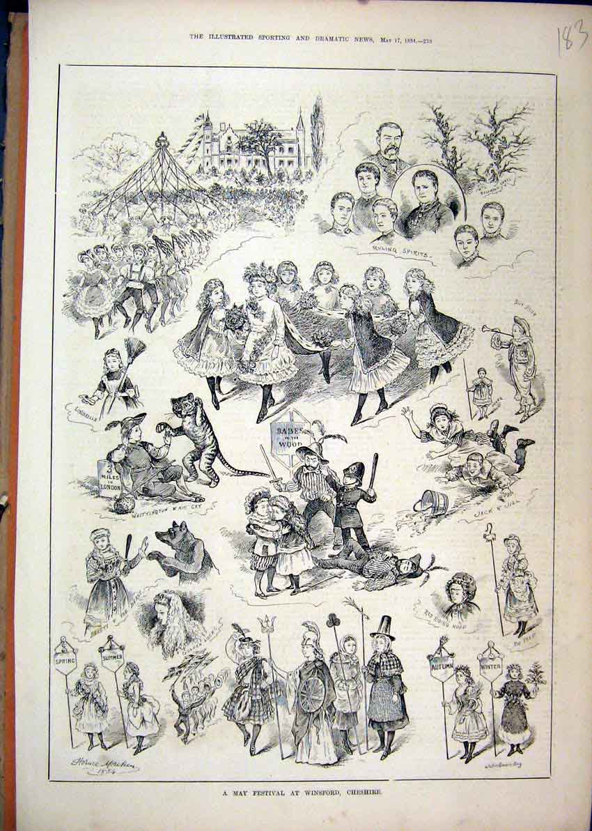 Old Antique Print 1884 May Festival Winsford Cheshire Babes Wood Bo Peep 19th