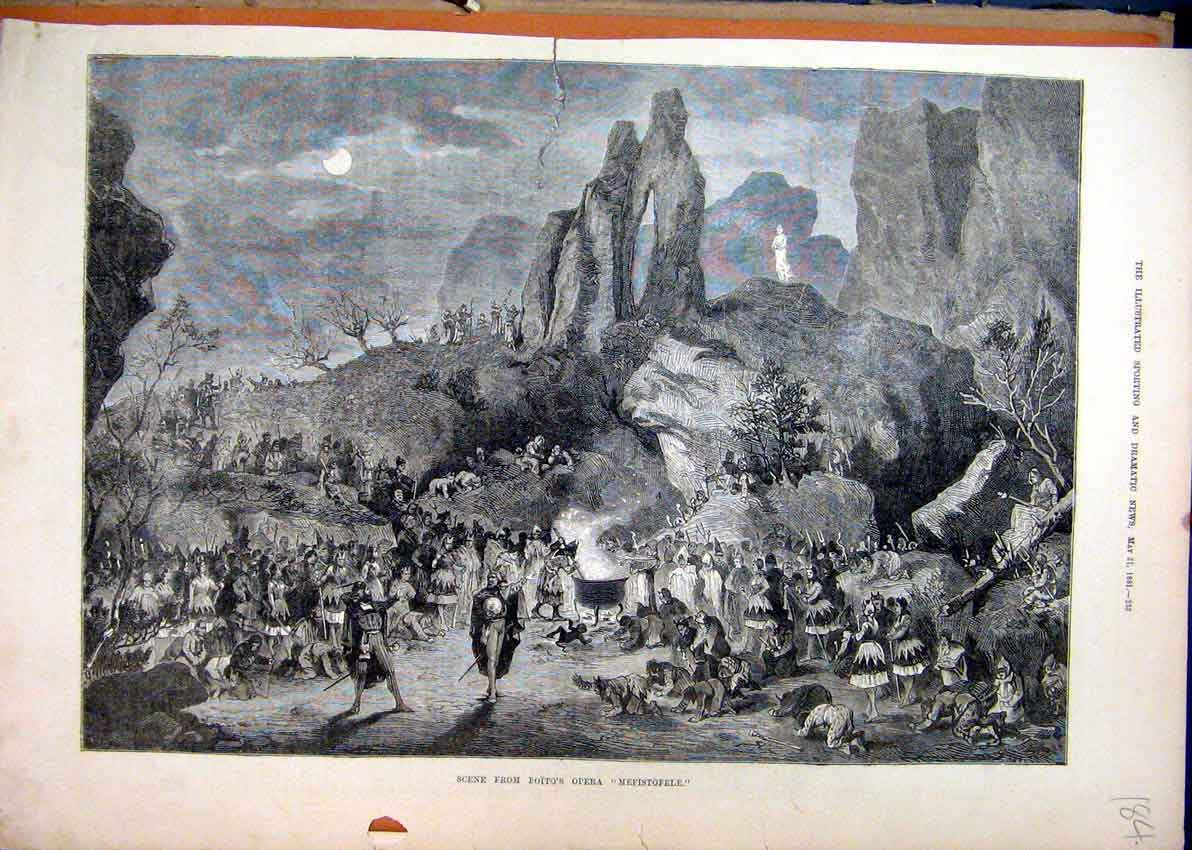 Original Old Antique Print 1881 Scene Boitos Opera Mefistofele Mountain Scene