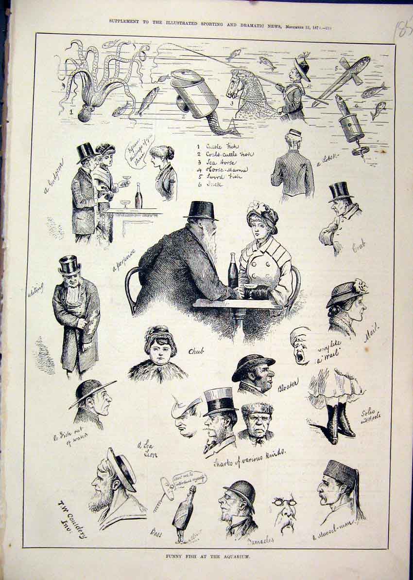Original Old Antique Print Funny Fish Aquarium 1879 Sword Castle Jack Comedy