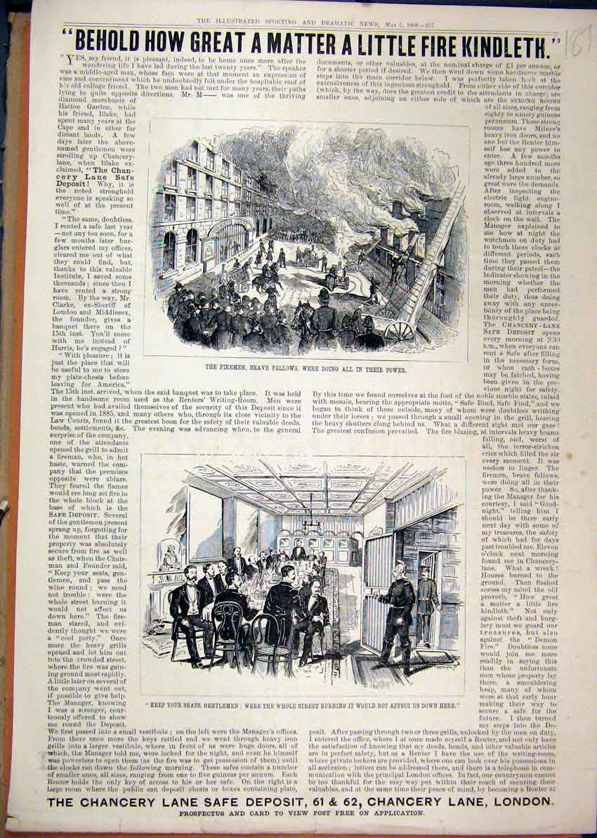 Original Old Antique Print 1888 Firemen Fire Fighting Chancery Lane Engine 19th