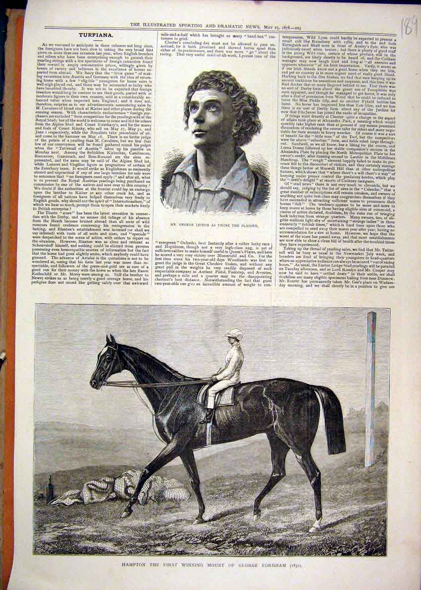 Original Old Antique Print 1878 Portrait George Leitch Hampton Horse Fordham
