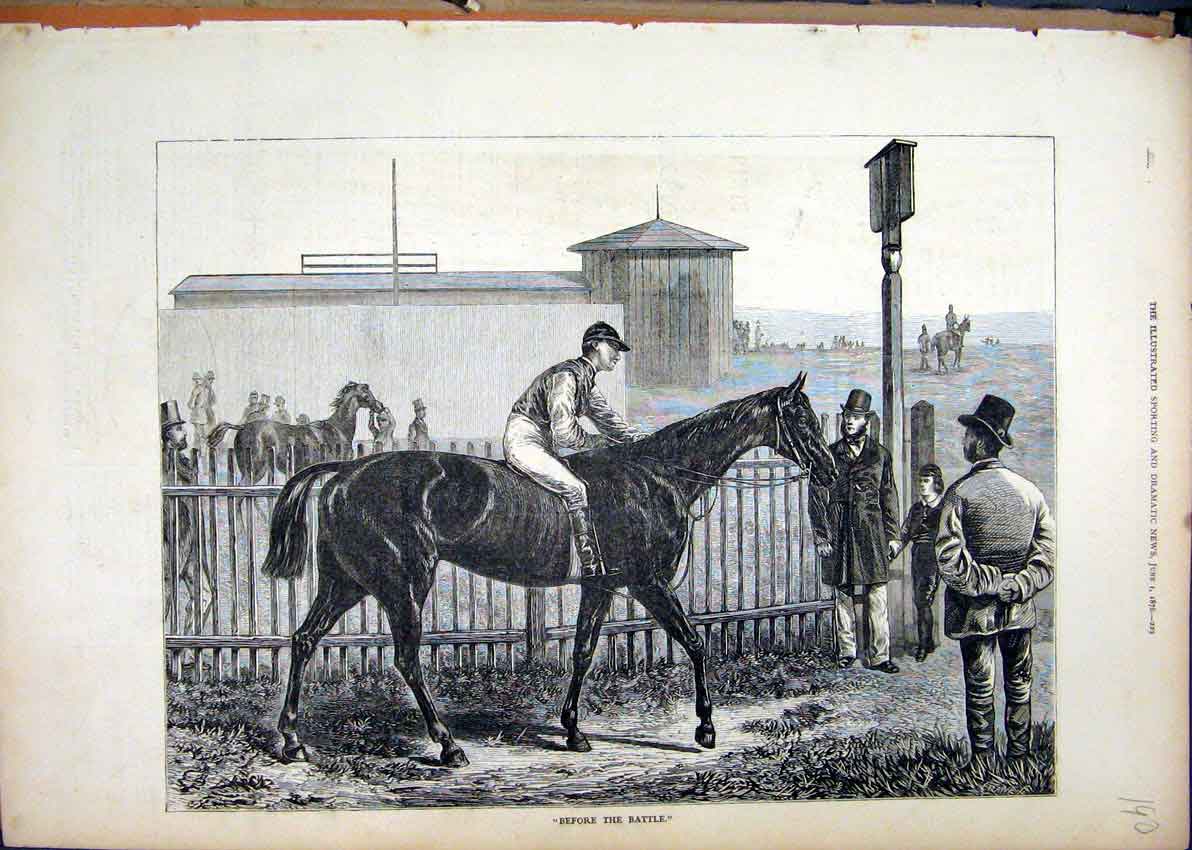 Original Old Antique Print 1876 Horse Jockey Starting Line Men Fine Art 19th