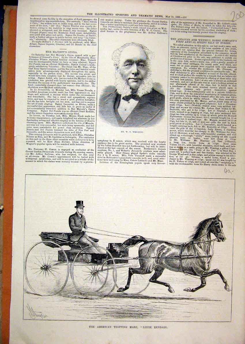 Original Old Antique Print 1880 Portrait Wrighton American Trotting Mare Kendall