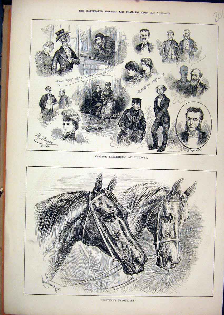 Original Old Antique Print 1884 Amateur Theatricals Highbury Horses Portraits