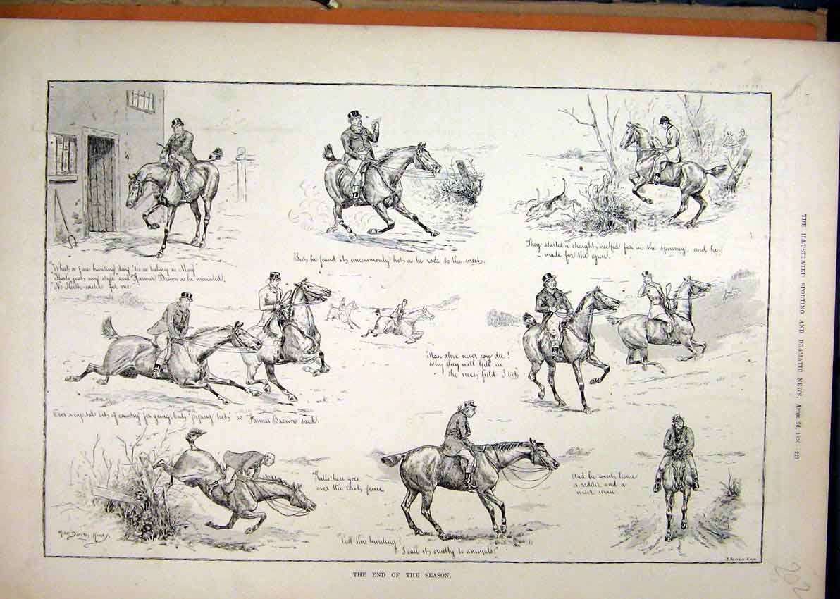 Old Antique Print Comedy Sketches Horses Accidents 1890 Man Falling Shake 19th