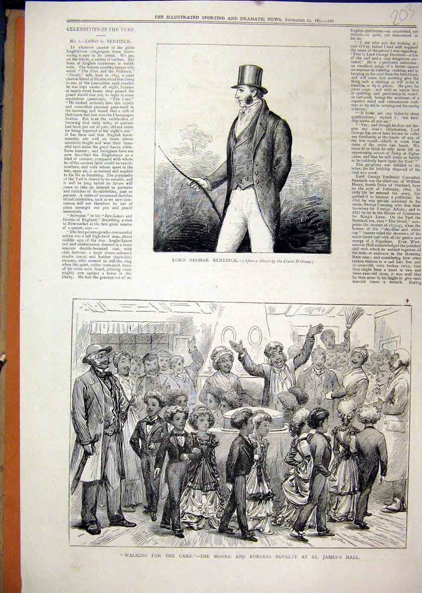 Original Old Antique Print 1877 Portrait George Bentinck James Hall Theatre Cake
