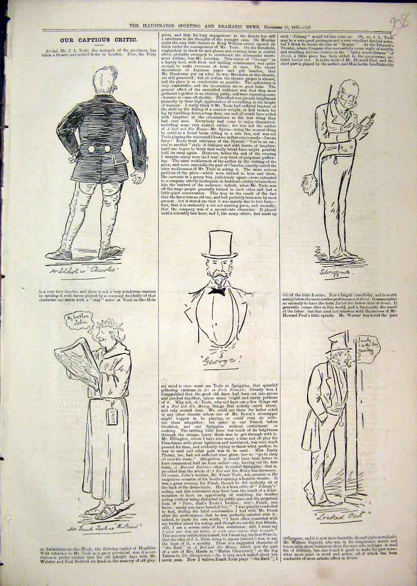 Original Old Antique Print Sketches 1879 Theatre George Charles Frank Toole Bard