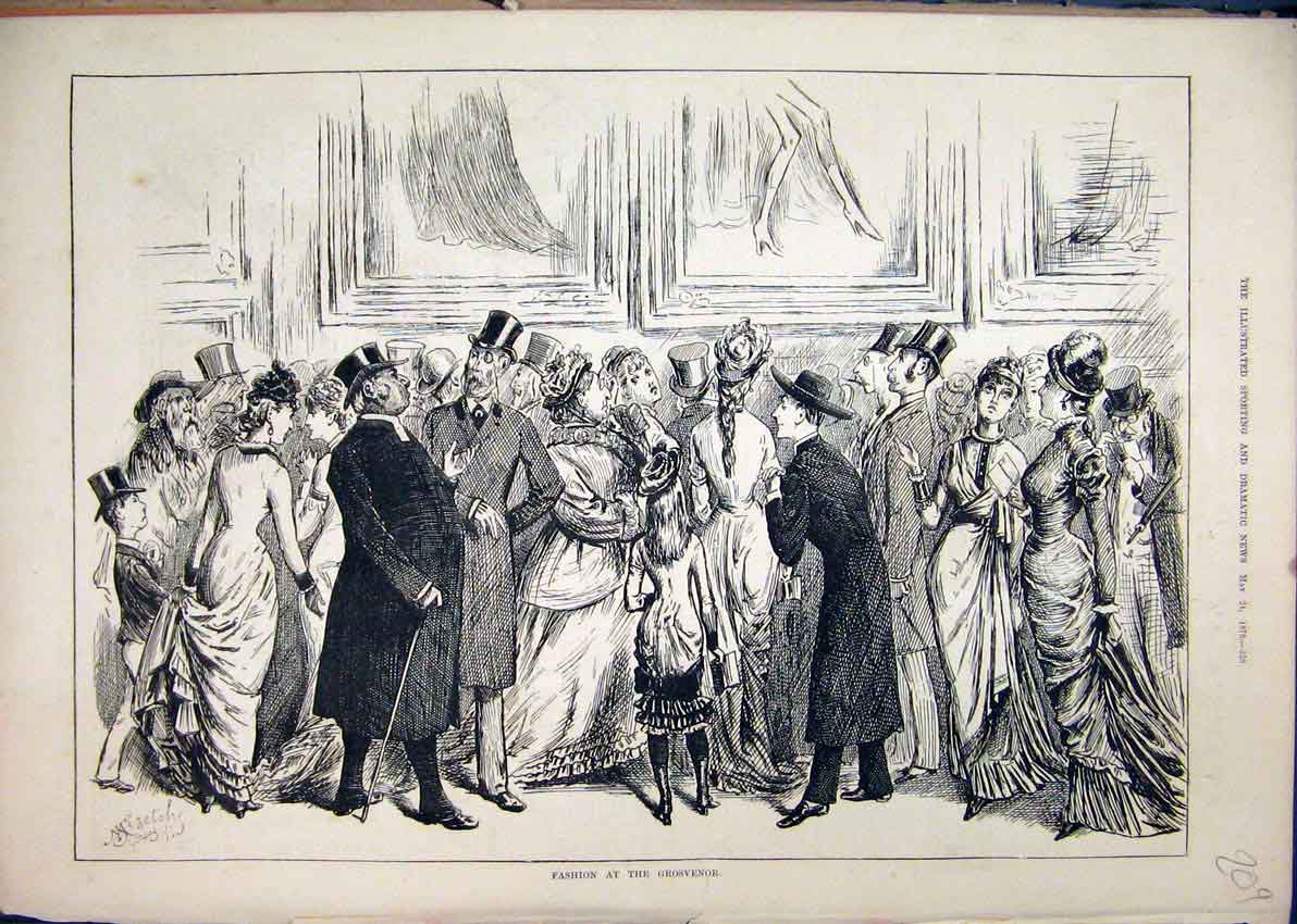 Old Antique Print 1879 Fashion Grosvenor Beautiful Women Dresses Men Suit 19th