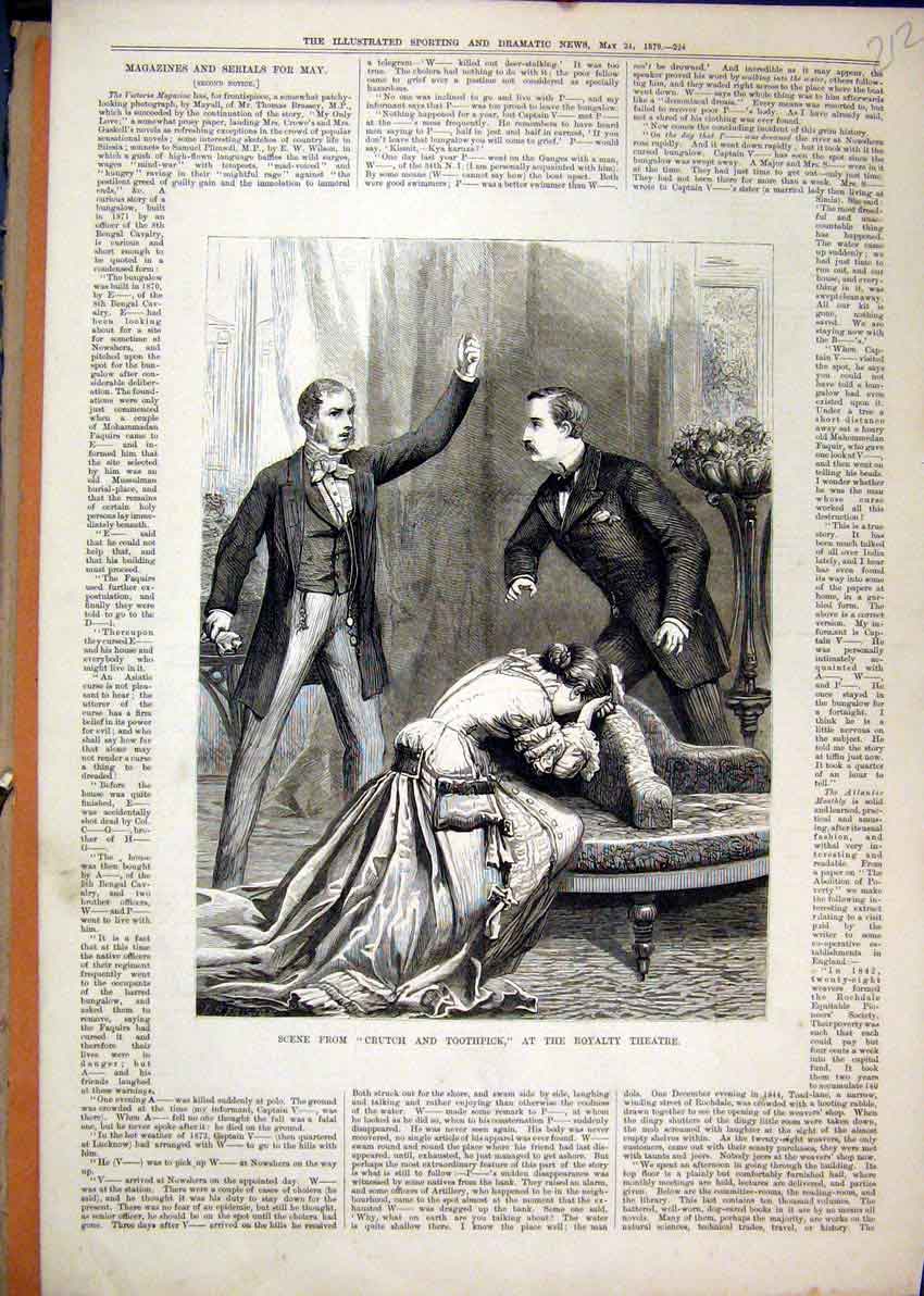 Original Old Antique Print Theatre Scene 1879 Crutch Toothpick Royalty Victorian