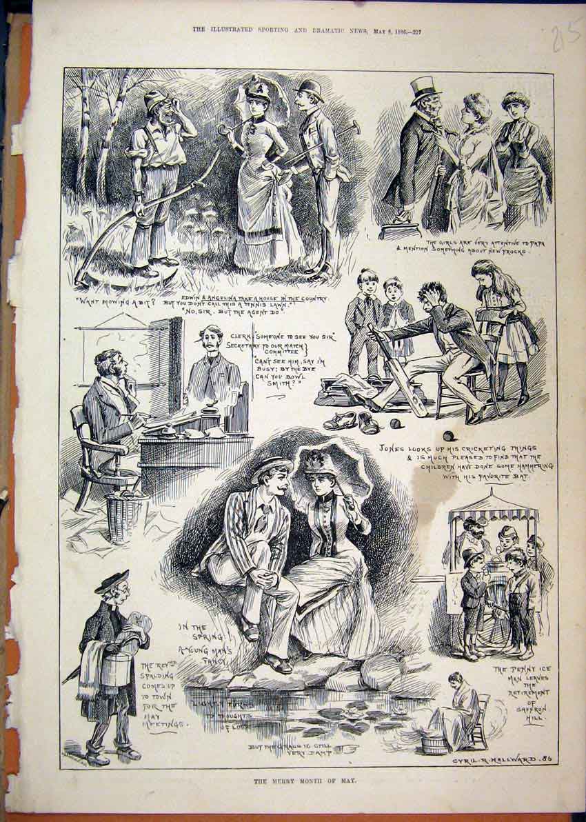 Original Old Antique Print 1886 Merry Month May Romance Cricket Mowing Grass