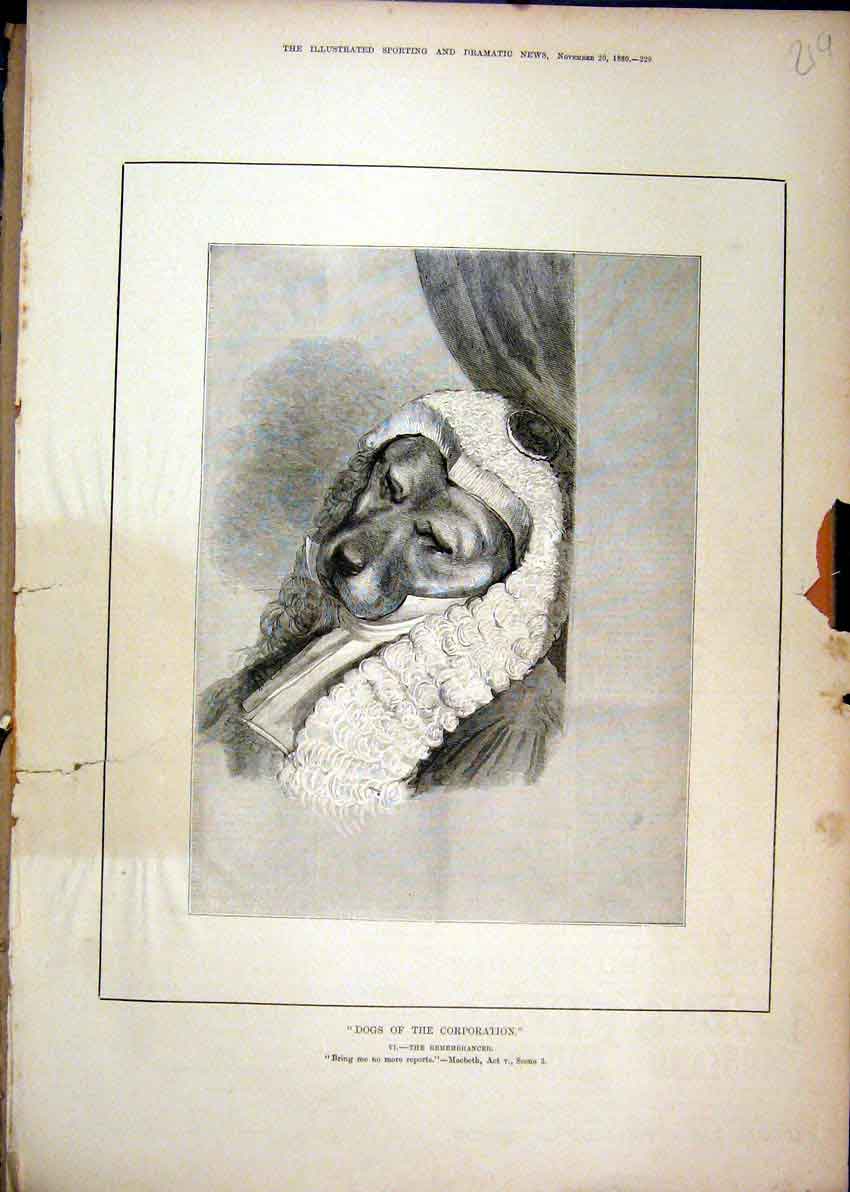 Original Old Antique Print Theatre 1880 Dogs Corporation Remembrancer Victorian