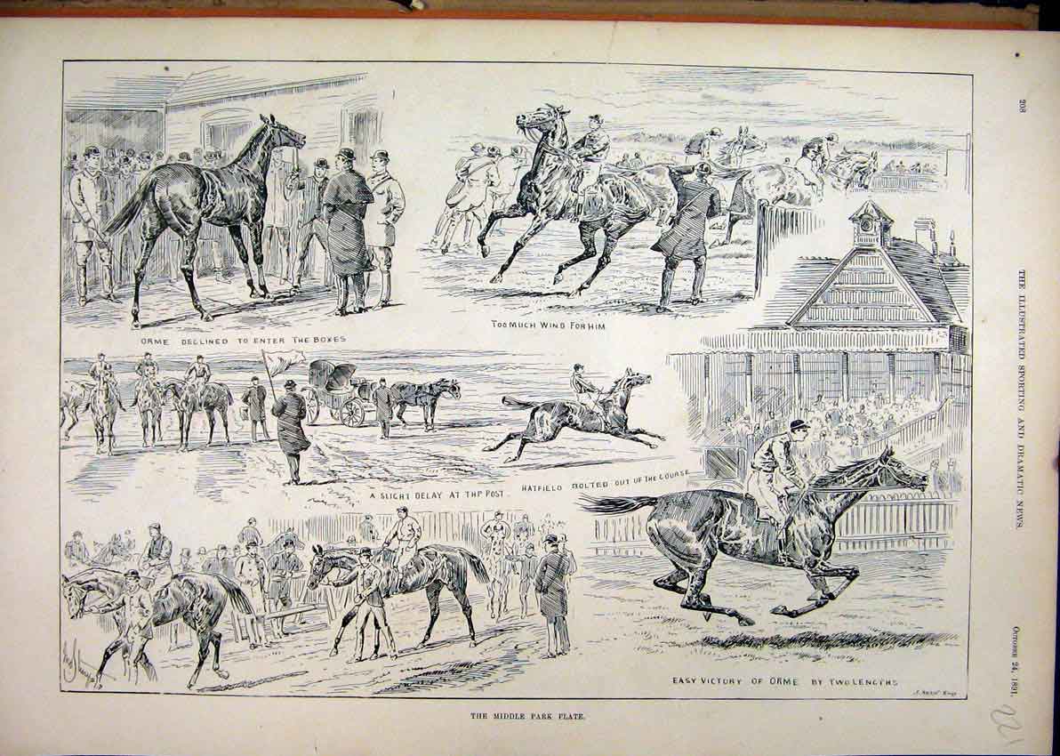 Original Old Antique Print 1891 Middle Park Plate Horse Racing Orme Hatfield