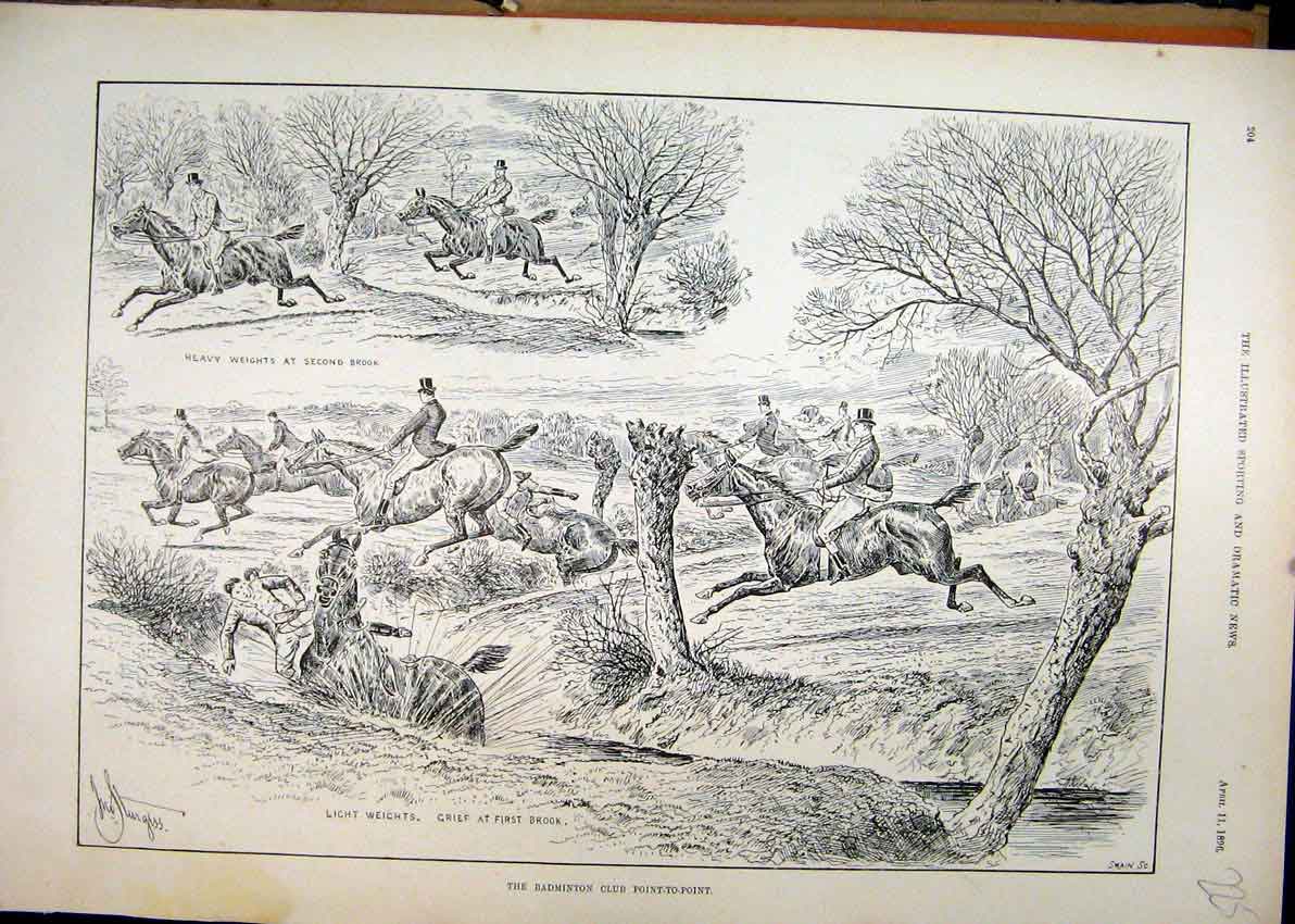 Original Old Antique Print 1896 Badminton Club Point-To-Point Horse Jumping 19th