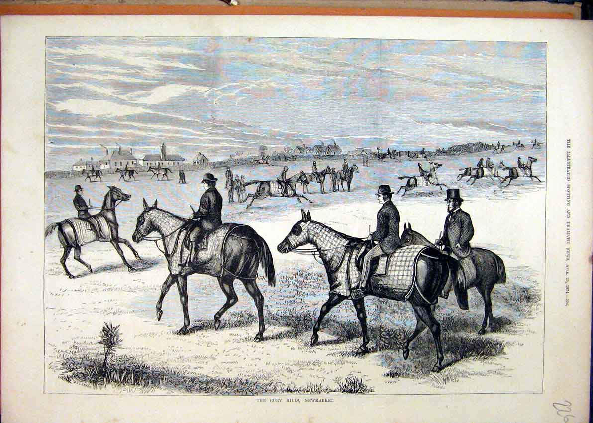 Original Old Antique Print 1874 Bury Hills Newmarket Horses Exercising Victorian