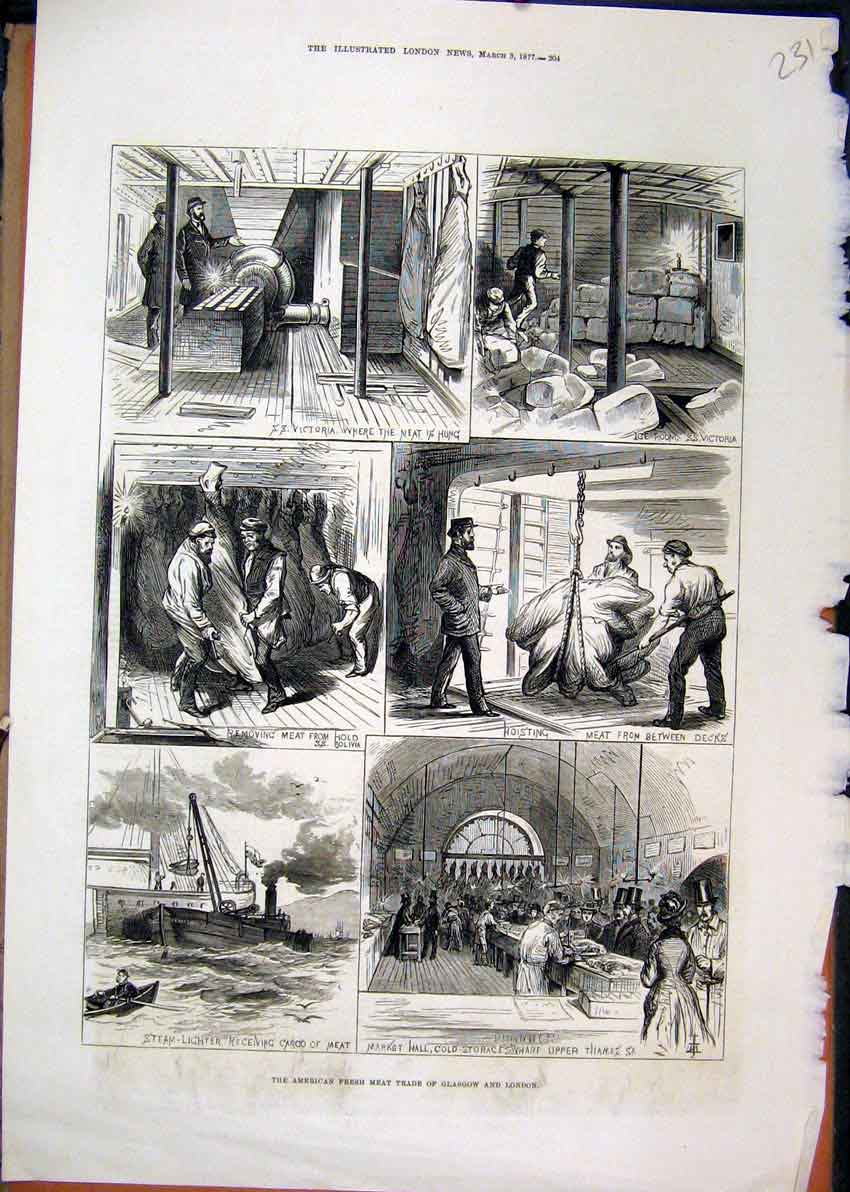 Original Old Antique Print American Fresh Meat Trade Glasgow London 1877 Market