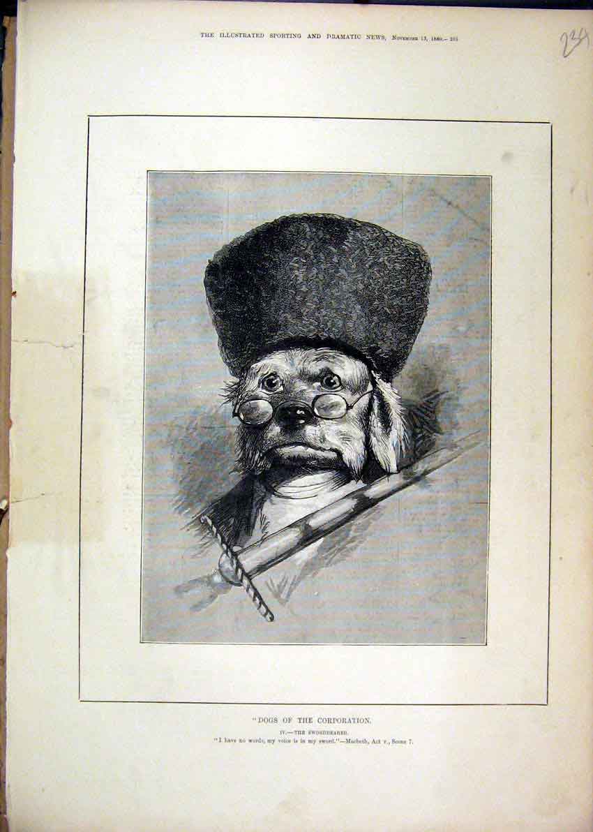 Original Old Antique Print Theatre 1880 Dogs Corporation Swordbearer Macbeth