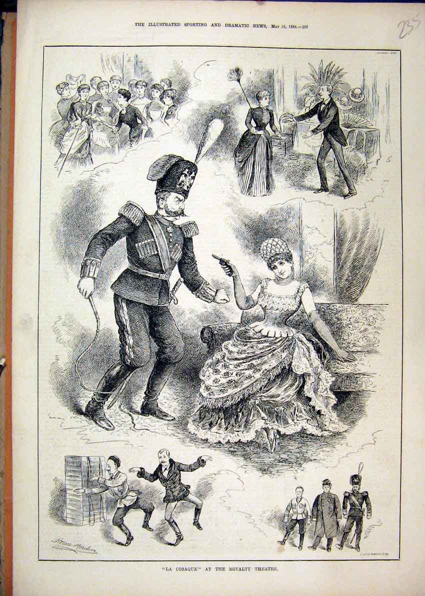 Original Old Antique Print Royalty Theatre 1884 La Cosaque Scenes Gun Romance