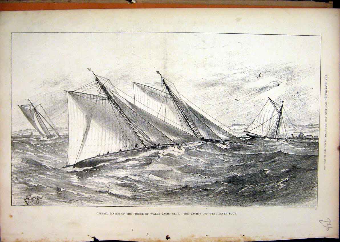 Old Antique Print 1876 Prince Wales Yacht Club West Blyth Buoy Sea Scene 19th