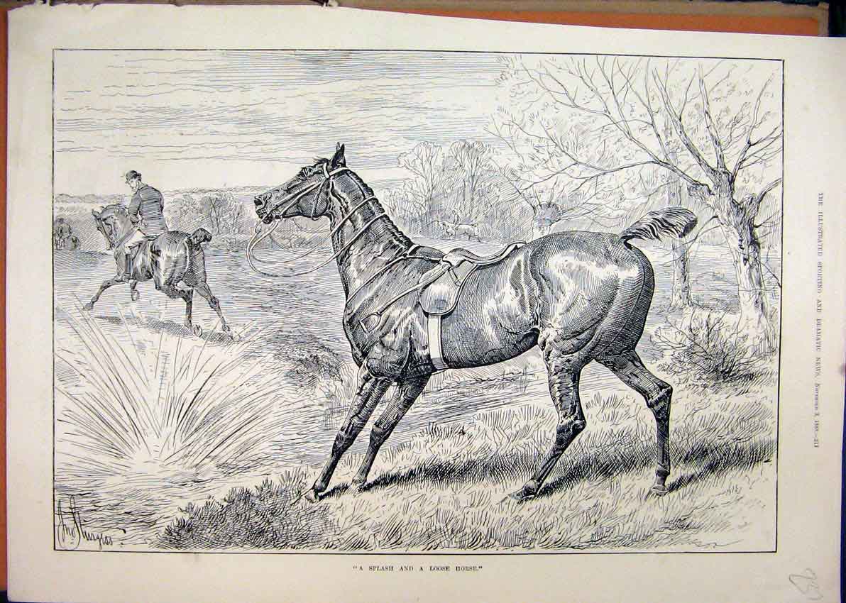 Original Old Antique Print 1888 Horse Loose Man Falling Water Country Scene 19th