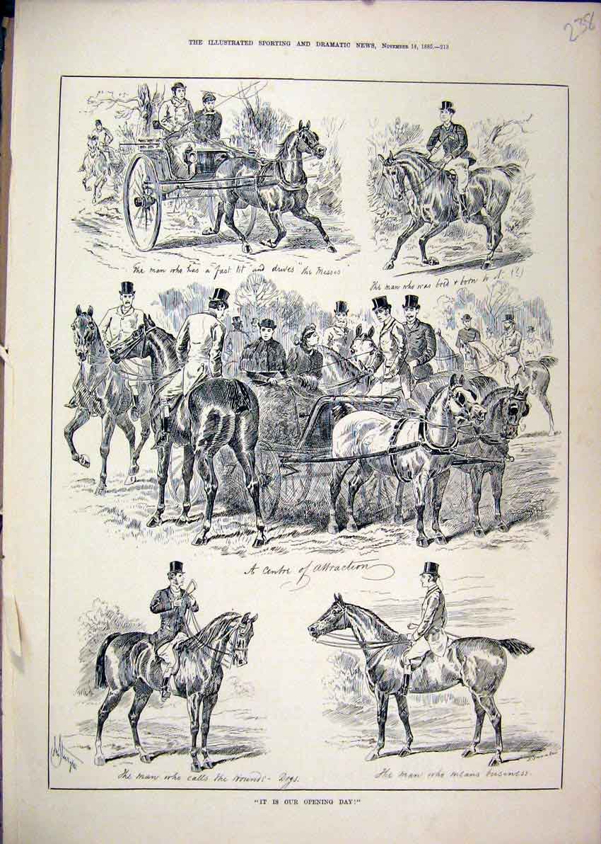 Original Old Antique Print 1885 Hunting Opening Day Horses Carriage Scene 19th