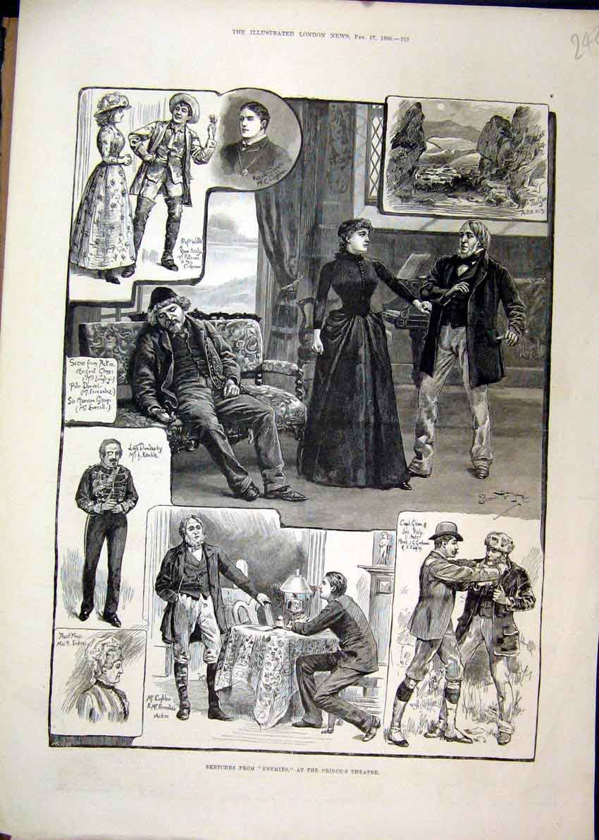 Old Antique Print 1886 Sketches Enemies Princess Theatre Kemble Clitherow 19th