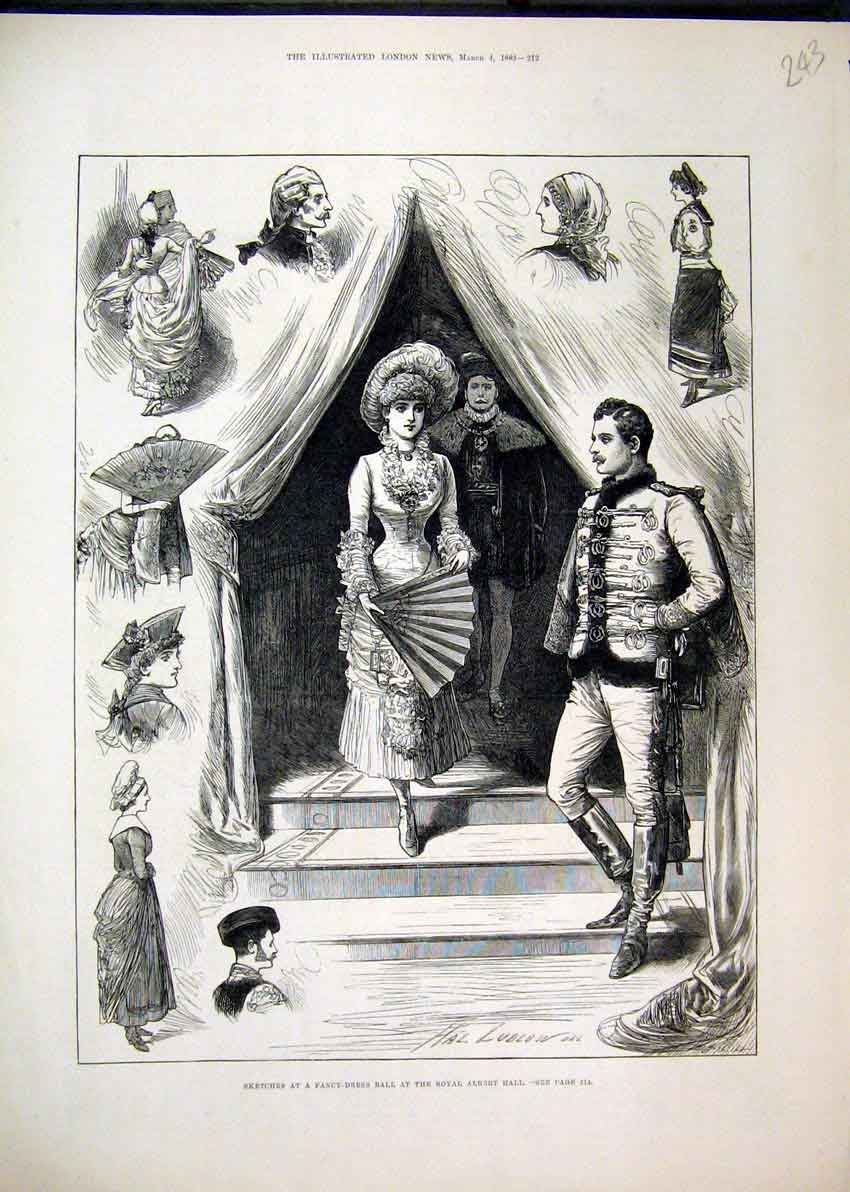 Original Old Antique Print 1882 Sketches Fancy Dress Ball Royal Albert Hall 19th