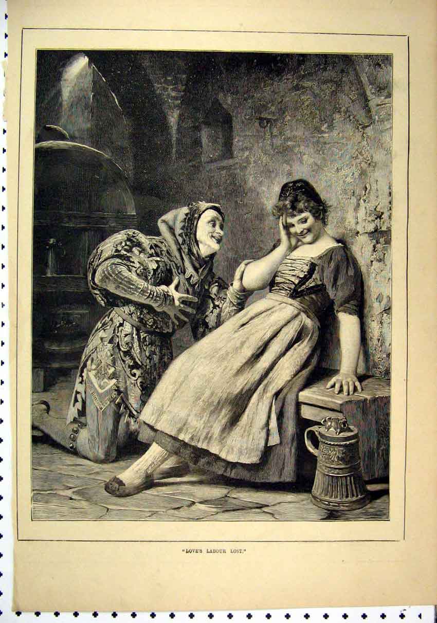 Original Old Antique Print Woman Sitting Bench 1887 Man Costume Romance 19th